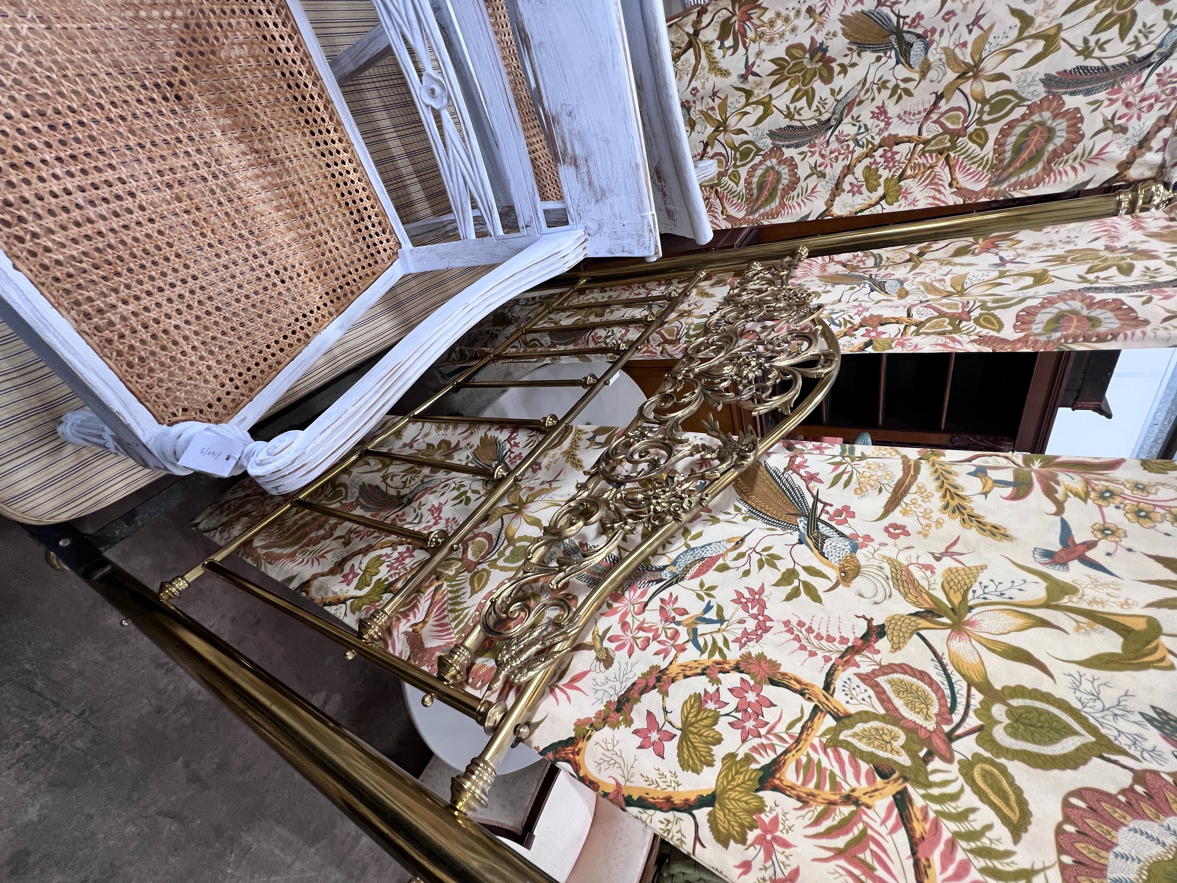A Victorian style brass four poster bed, width 152cm, length 210cm, height 208cm